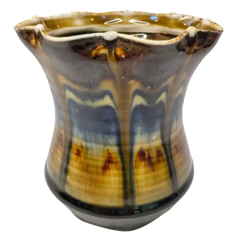Studio Pottery Signed By Shirley. Brown, Blue, Gold Glaze On Ruffled And Dot Lip. 4” Tall And 4” Across At Widest. Isaiah 45:9 Stamped On The Bottom. See Note