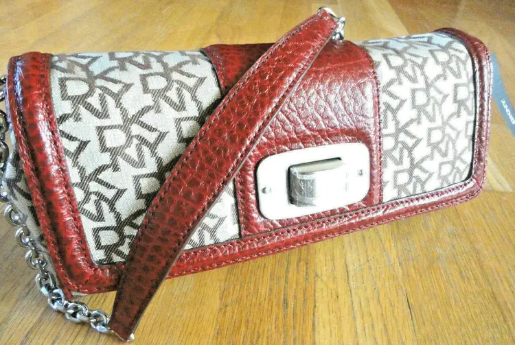 NEW DKNY Jacquard & Red Leather Nappa HANDBAG Clutch + Chain Shoulder Purse NWT!