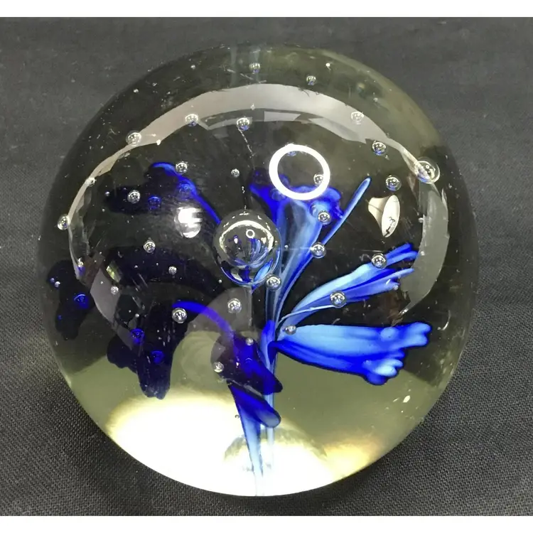 Art glass paperweight, cobalt blue flower, hand blown, bubbled, 3", 13 oz.