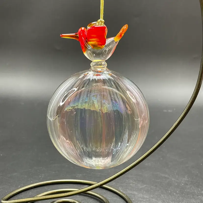 Blown Glass Bird Ornament Iridescent Orange Red Christmas Suncatcher