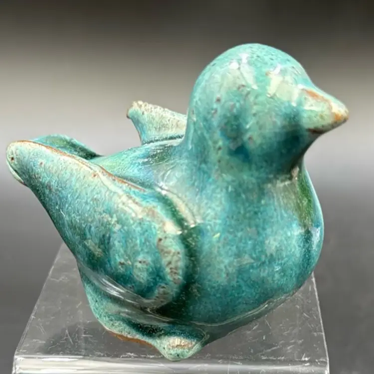 Pottery Bluebird With Drips Of Green Done With Brown Clay Well Done, Peace Of Art.