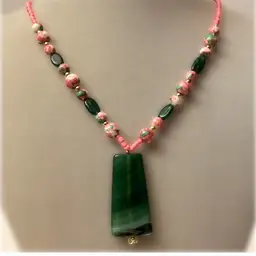 Stunning Green Agate Pendant Necklace with Pink Floral Accent Beads