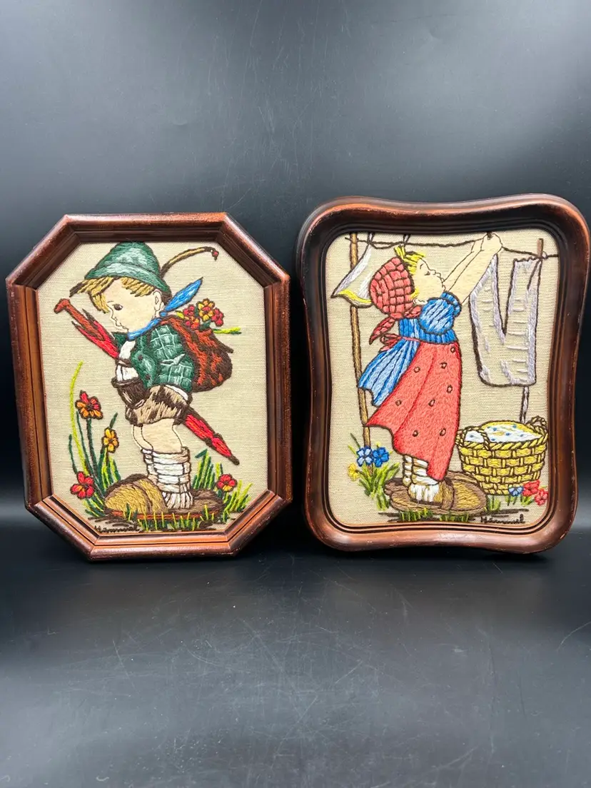 2 Vintage Framed Hummel Crewel Embroidery Works Umbrella Boy& Girl Hanging Laundry