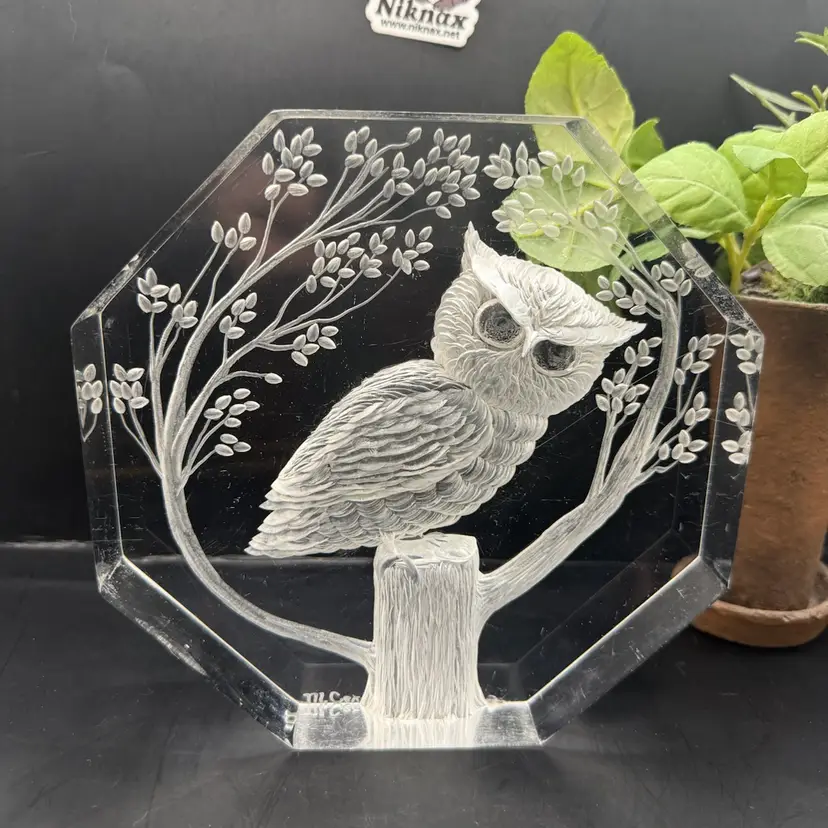 Hand Carved Signed MCM Hexagon Lucite Owl In A Tree Sculpture 7x7”