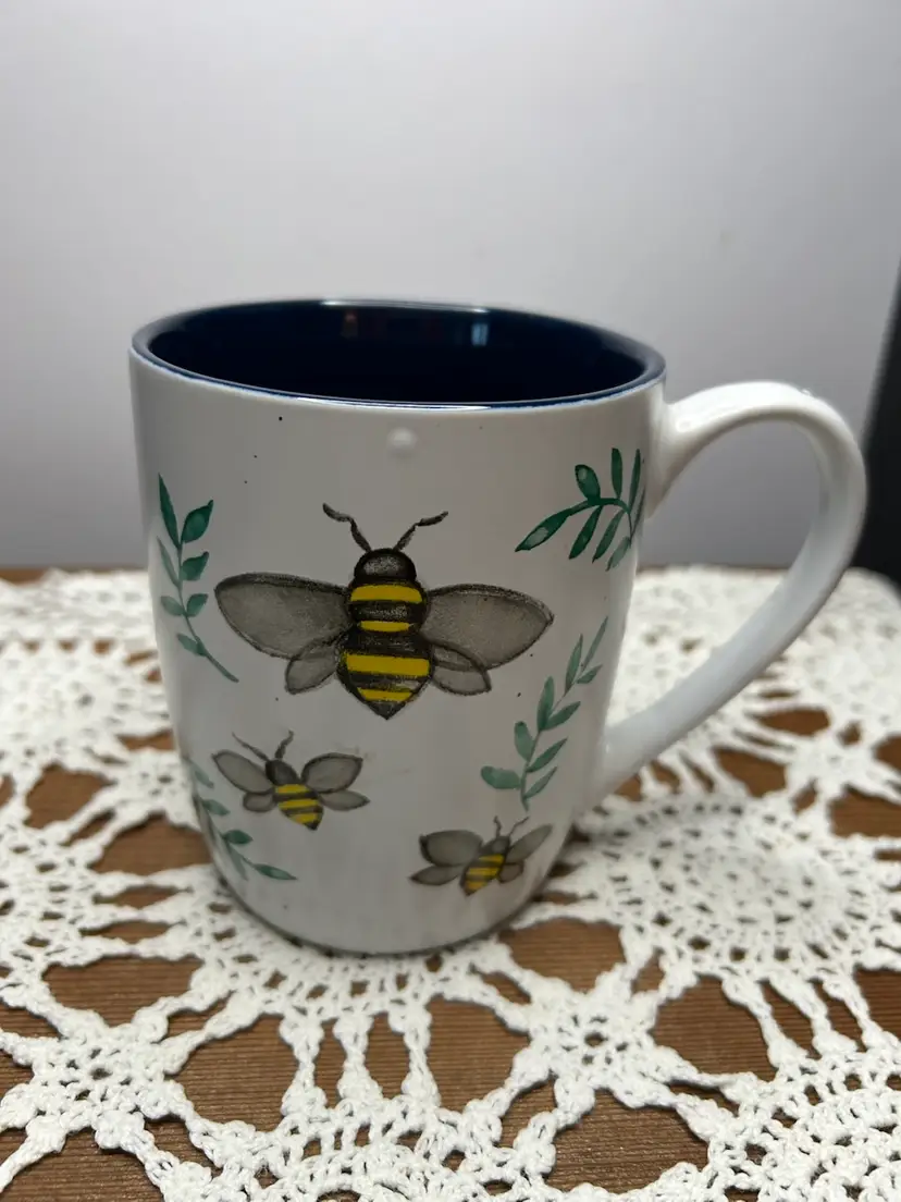 Busy Bee Ceramic Mug By Heartland Hive Navy Blue Interior @4 1/2” Tall