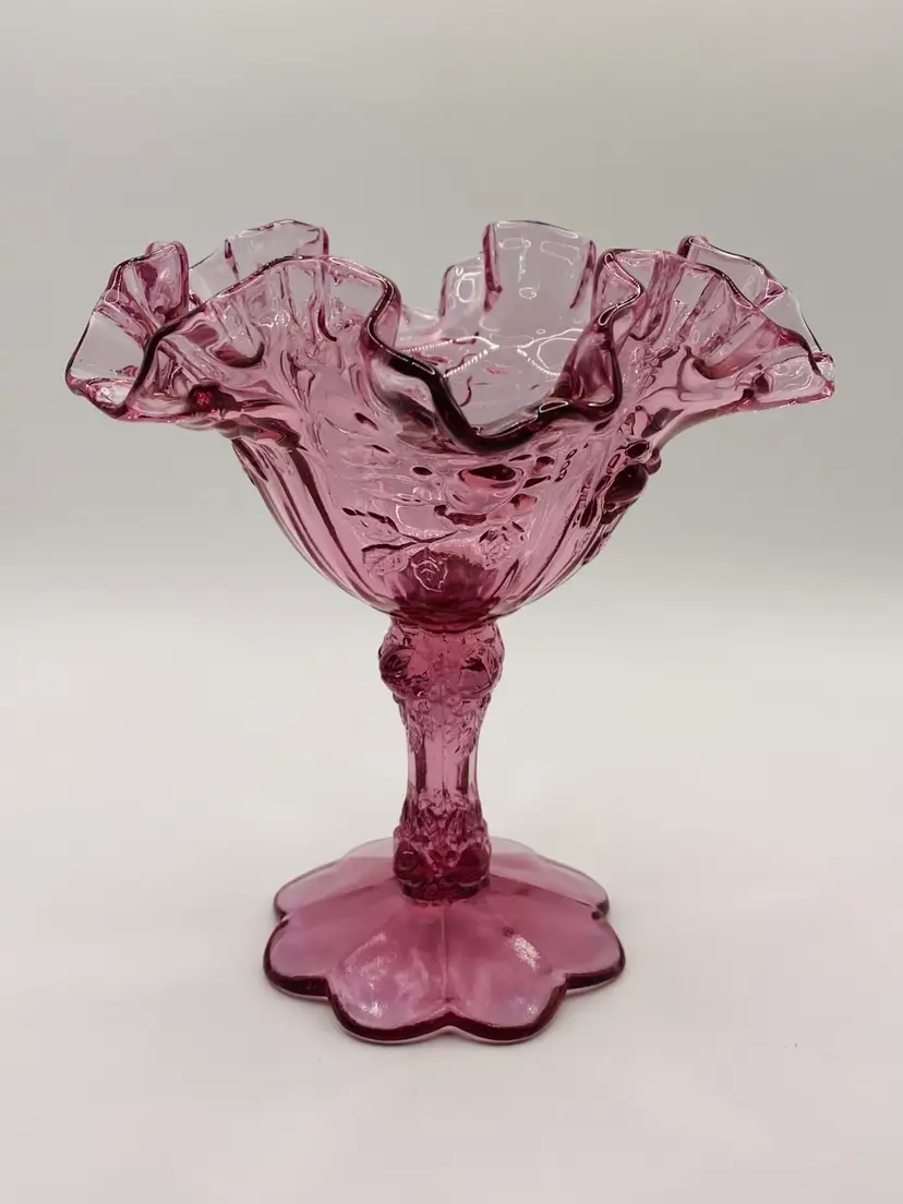 Vintage Fenton Cabbage Rose Ruffled Compote Dish