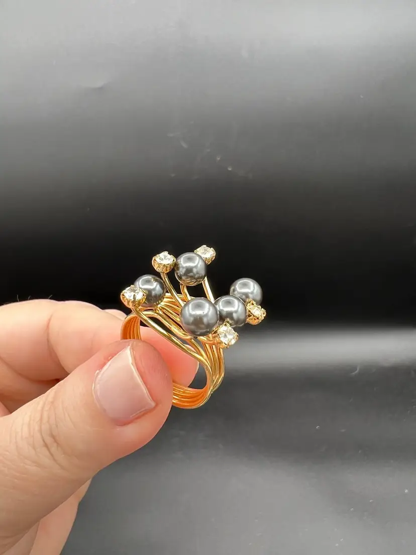 Golden Ring With Black Faux Pearls And Rhinestones Size 7