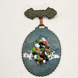 Large Copper Enamel Brooch Pin OOAK Bar w Medal Medallion Shape w Glass Frit Unmarked MCM w Box