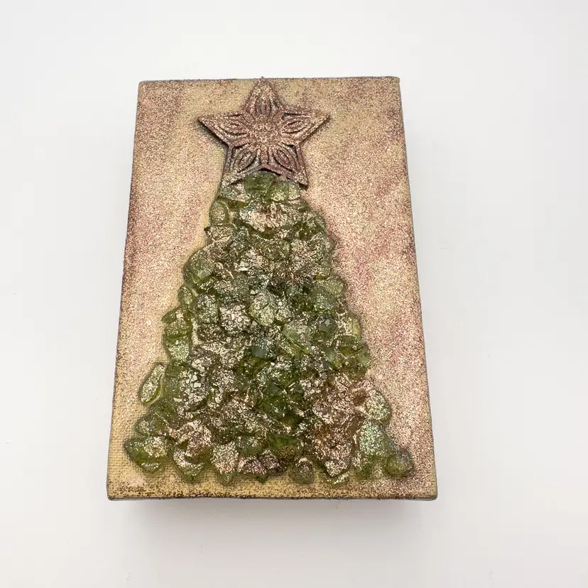 Christmas Tree Crushed Glass and Resin on Block Canvas Table Decor Handmade