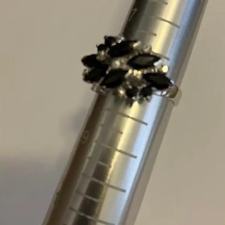 Silver Tone Ring with Prong Set Black Stones & White Rhinestones