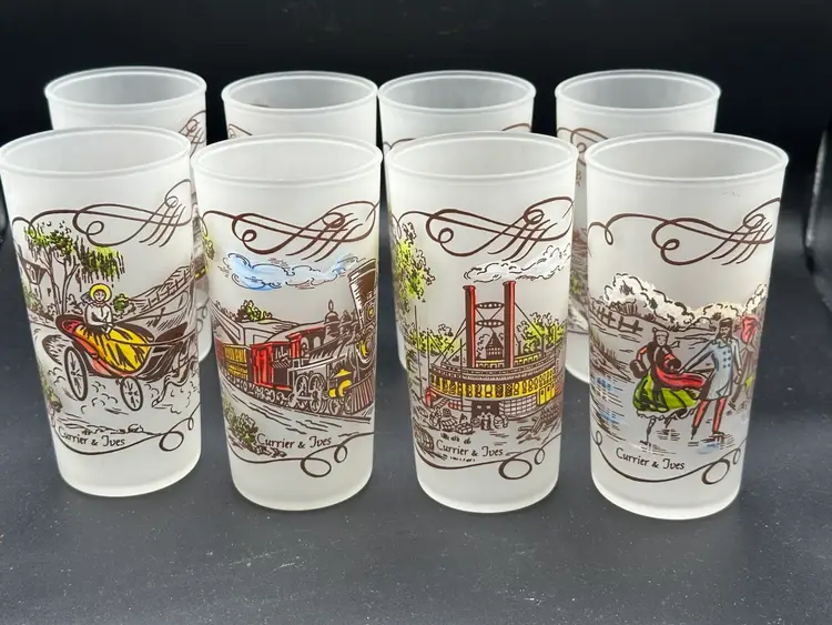 Vintage Currier & Ives Frosted Glasses Tumblers Set of 8 MCM Barware 12oz