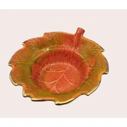 #01 - Vintage California Pottery Serving or Dip Bowl, 7" diameter, 3" tall, Orange, Green and Gold Trim