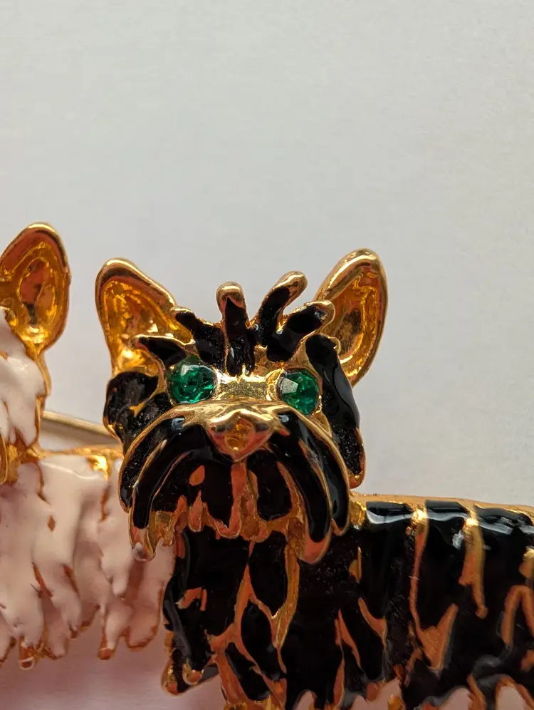 Vintage L-S design Black and White Scottie Dogs Green eyed enameled pin/Broach