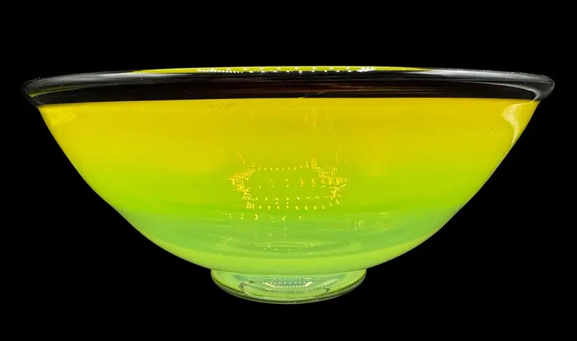 Hand Blown Glass Bowl Opalescent Neon Green Yellow Black Rim Ombre Round 8”