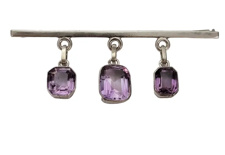 Sterling Silver Amethyst Square Charm Dangles Bar Brooch Pin Trombone Clasp Vintage E515