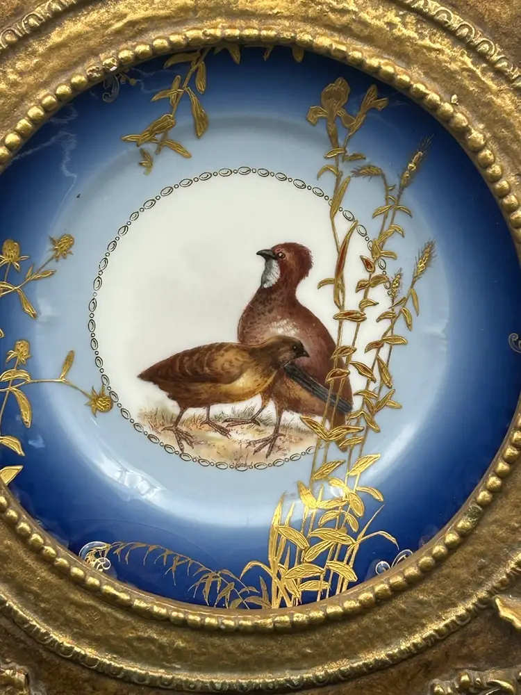 Vintage Ornated Framed Hand Painted Limoges Porcelain Plate Quail Birds Gold Gilt