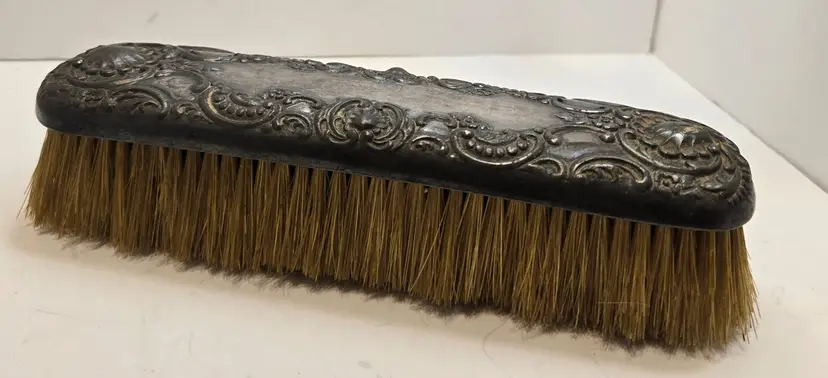 Vintage Ornate Metal Clothes Brush - Embossed Floral Scrollwork, Natural Bristles