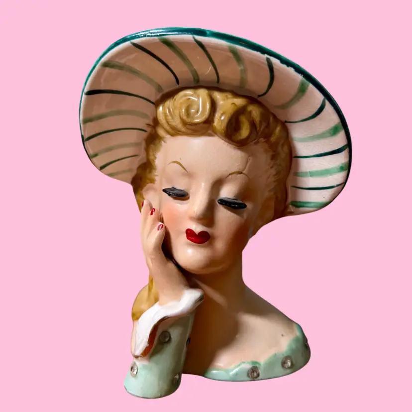 5.5” 50’s NAPCO Ceramic Lady Head Vase, MCM, Blonde, Green, Embellished