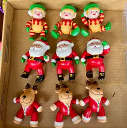 9 Avon Santa & Friends Action Xmas Ornaments Elf Reindeer and Santa 1984