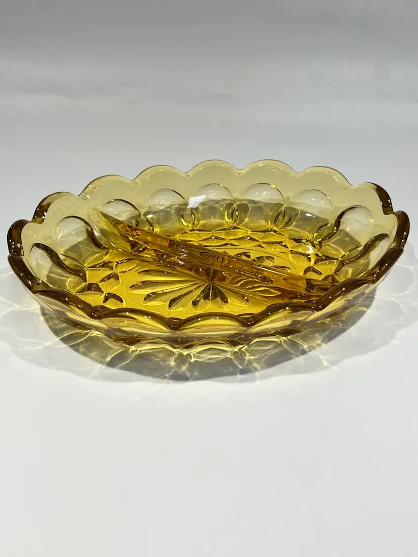 Indiana Glass -Divided Relish/serving Dish- Fairfield - Amber Marigold- Glass Vintage - 7” x 5”