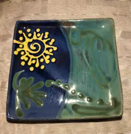 Whimsical, glazed, pottery dish tray made in Barbados