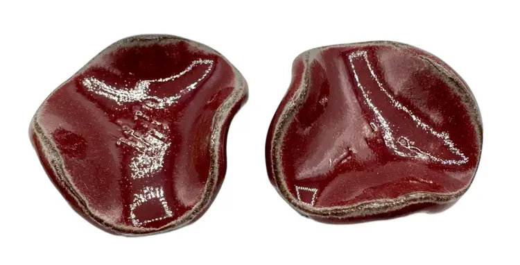 Set of 2 Signed Studio Art Pottery Chopstick Brush Rest Ashtray Maroon Red 2.5”