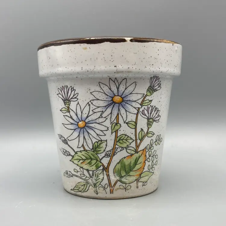 Vintage Miniature Stoneware Takahashi Blue and White Daisy Ceramic Planter - Made in Japan - 3.5" Tall