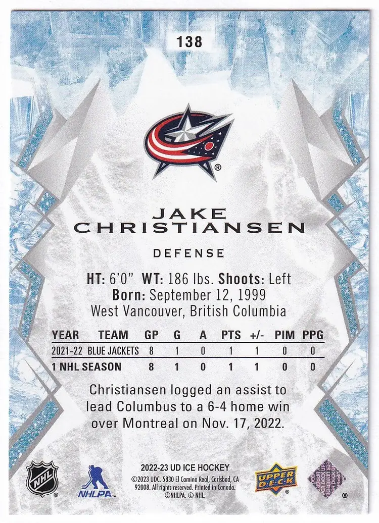 2022-23 Upper Deck Ice #138 Jake Christiansen RC Columbus Blue Jackets Hockey Card