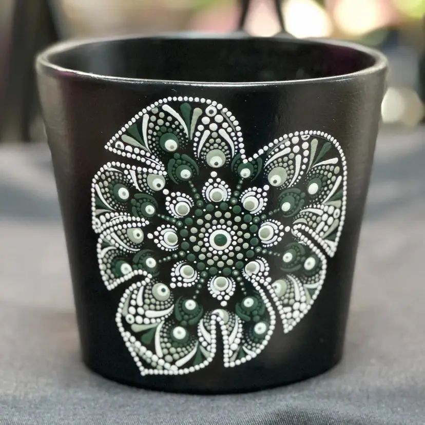 PRE-ORDER 4.7 inch hand painted pot black with monstera