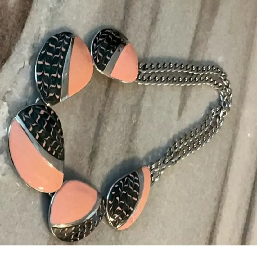 Vintage Trafai Set, 1980s, Silver Tone And Pink Enamel, 19” Double Chain Necklace, And 8” Matching Bracelet