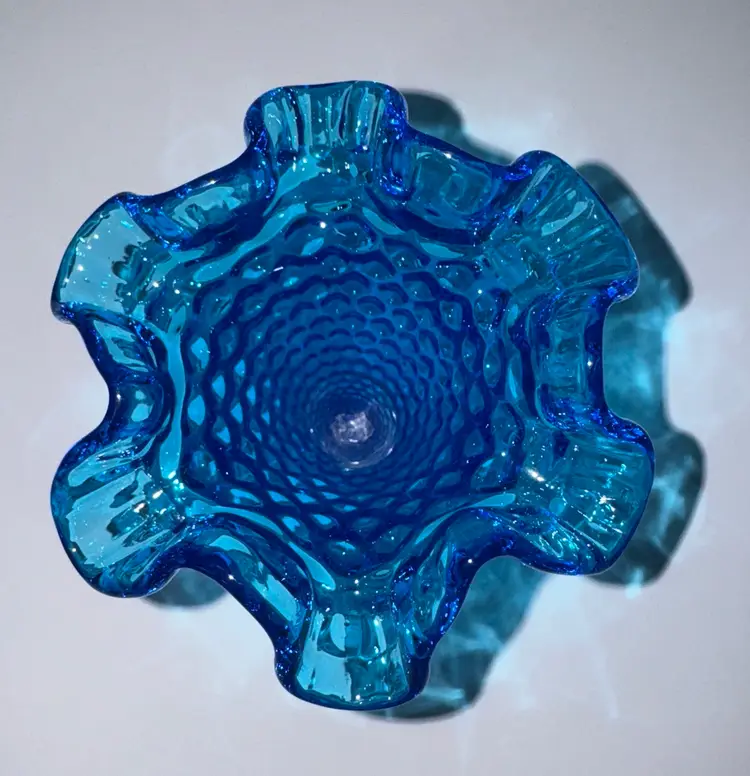 Fenton blue hobnail ruffled 4” trumpet vase