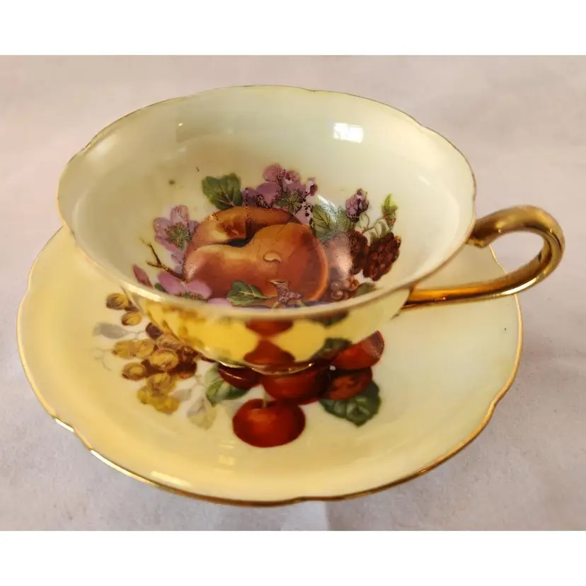 Fancy Saji Tea Cup and Saucer Many Fruit Pattern Peach Cherry Pear Heavy Gold