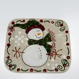 Expressly Yours Pottery Snowman Platter/Cookie Tray Signed Snowman Snowflakes Winter Holiday Whimsical 2004
12” x 10-1/2”