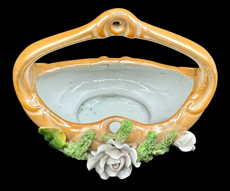 Vintage Germany Elfinware Porcelain Basket Orange Luster White Rose Floral 4.25”