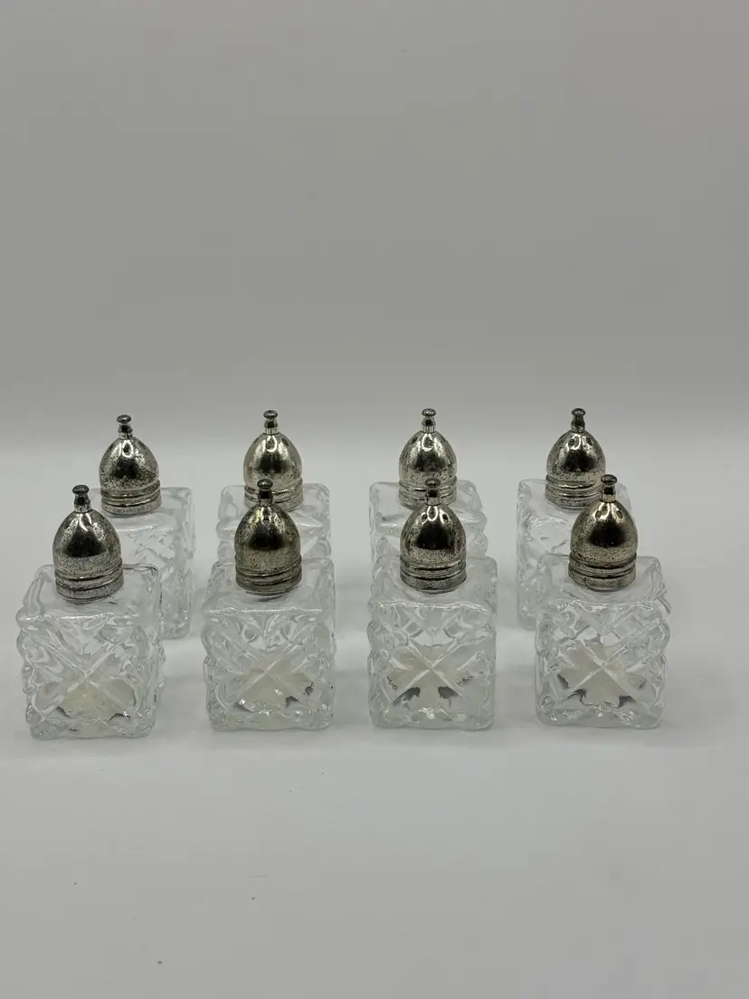 Vintage 1950’s Individual Crystal Cut Glass Salt & Pepper Shakers with Silver Plate Metal Lids, Set of 8, By Leonard, Made In Japan