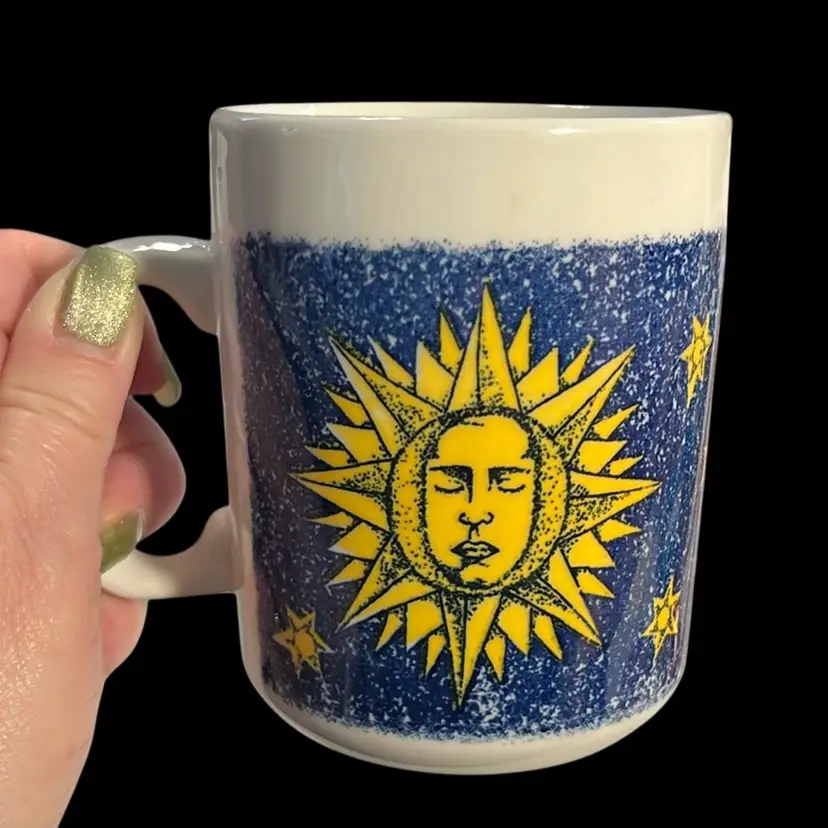 Vtg. Britain CC Sun Moon Stars Cosmos Celestial Coffee Mug White Ceramic | 3.75”