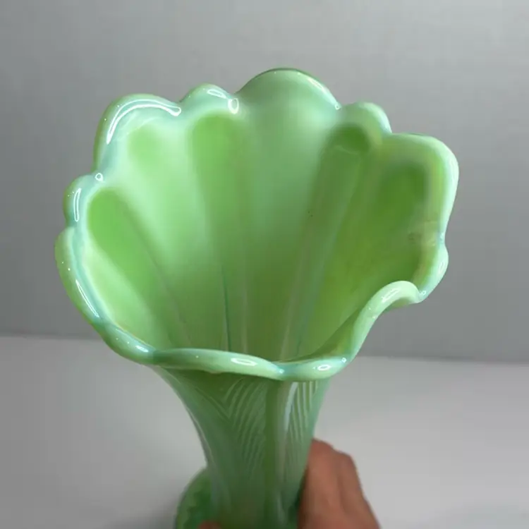 Northwood Opalescent Green With Feather Pattern Swung Vase