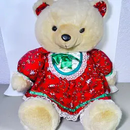 Vintage 1986 K-Mart Plush Bear In Red Floral Dress With Lace Trim & Bow 23" Tall