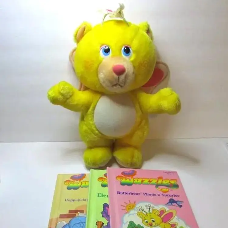 vintage Hasbro Softies Butter Bear stuffed animal teddy bear with 3 Wuzzles books lot