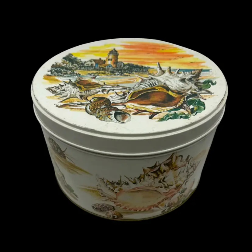 Vintage Tom Sturgis "Treasures of the Sea" decorative tin with seashell motif. Bend In Lid But Opens And Closes Well