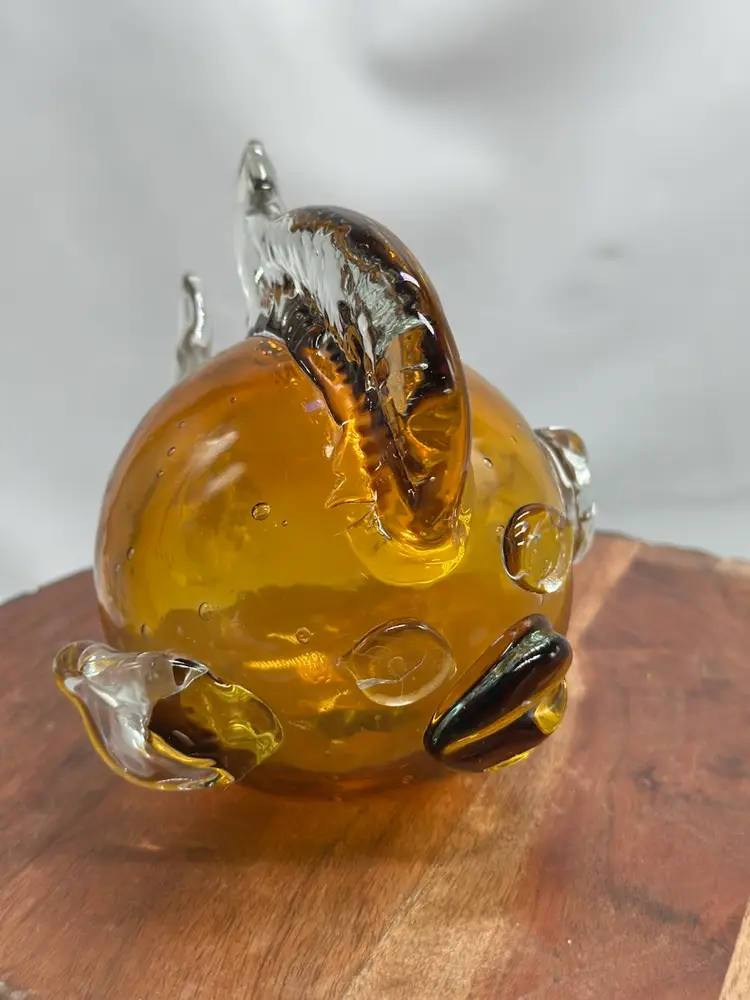 Art Glass Puffer Fish Amber / Yellow Clear Applied Fins Paperweight