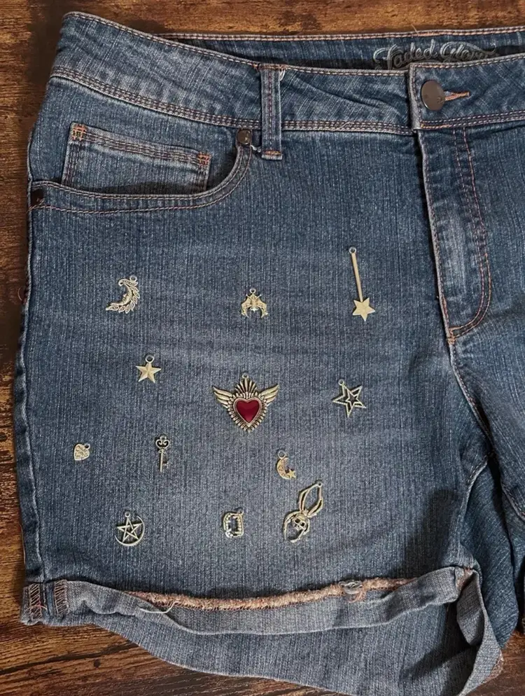 Reworked Hand Embroidered Denim Silver Red Punk Rock Charms Dark Mini Shorts US Size 14/L