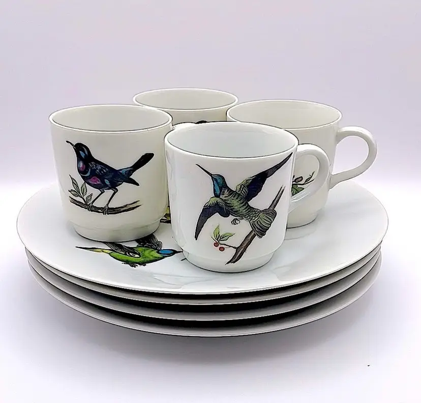 Melody, JSC Japan, Set of 4 Songbird Collector Porcelain Snack Plates/Teacups
