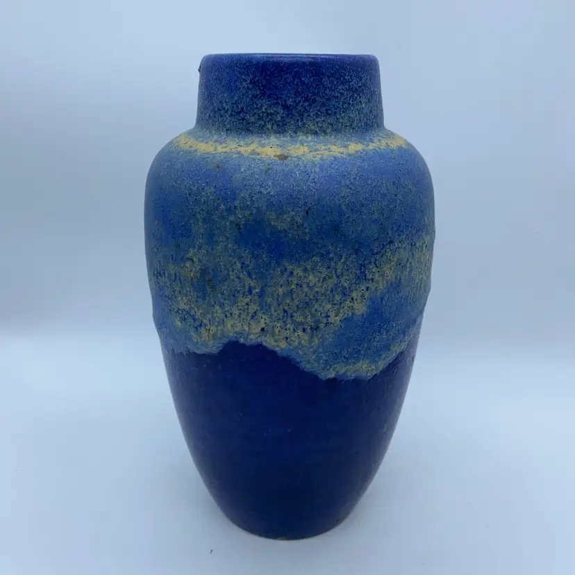 #2230 Vintage Mid Century Modern 1960s West German Pottery Scheurich Blue White Fat Lava Vase 549/21