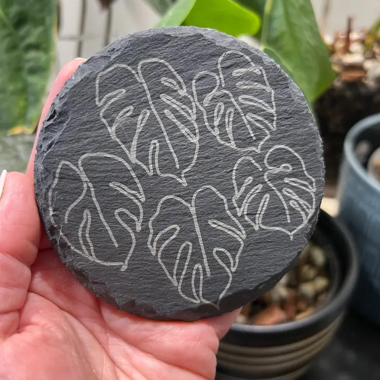 Slate Coaster with Monstera Line Art