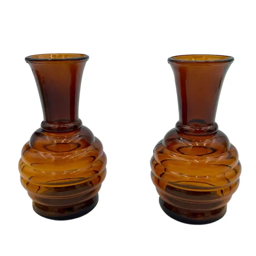 Pair (2) - Vintage 1950's USA Bee Hive Amber Glass Mini-Vases (4.4" tall), MINT