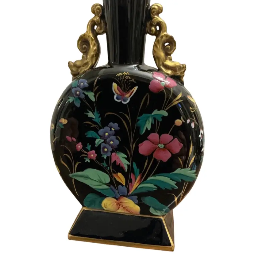 Antique 19th Century Opaque Black Glass Twin Handle Moon Flask Vase 9” X 5 1/4”