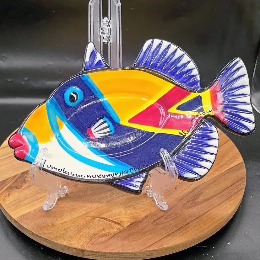 Vintage Ben Diller Art Pottery Trigger Fish Dish, Maui, HI, 2006, signed