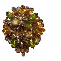 Brown And Green Rhinestones With Faux Pearl Brooch