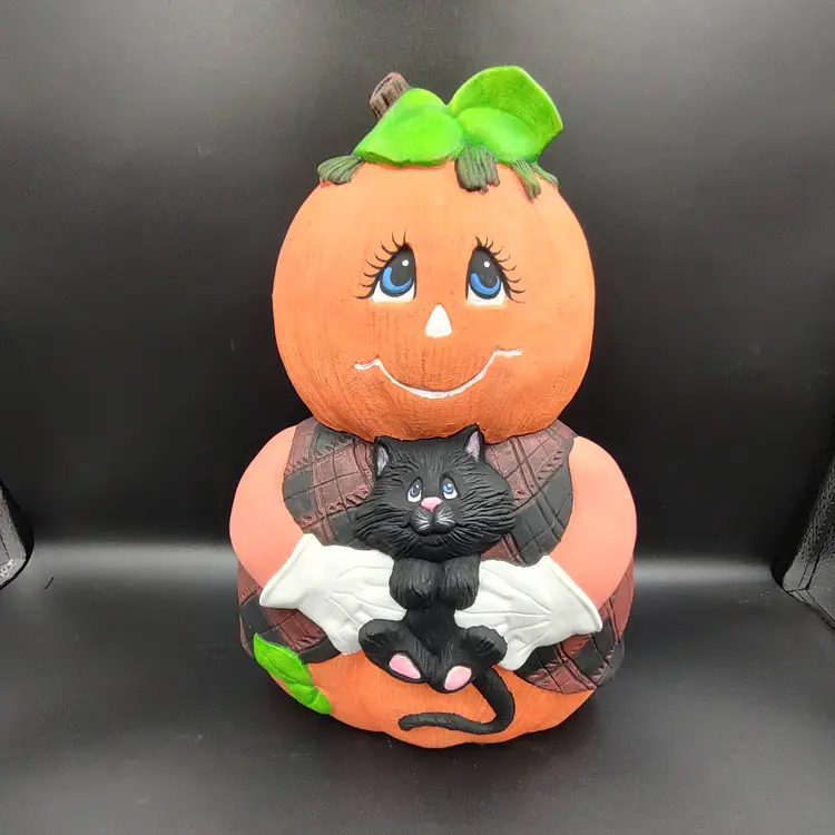 Vtg Hand Painted Ceramic Pumpkin Man With Black Cat Statue Figurine